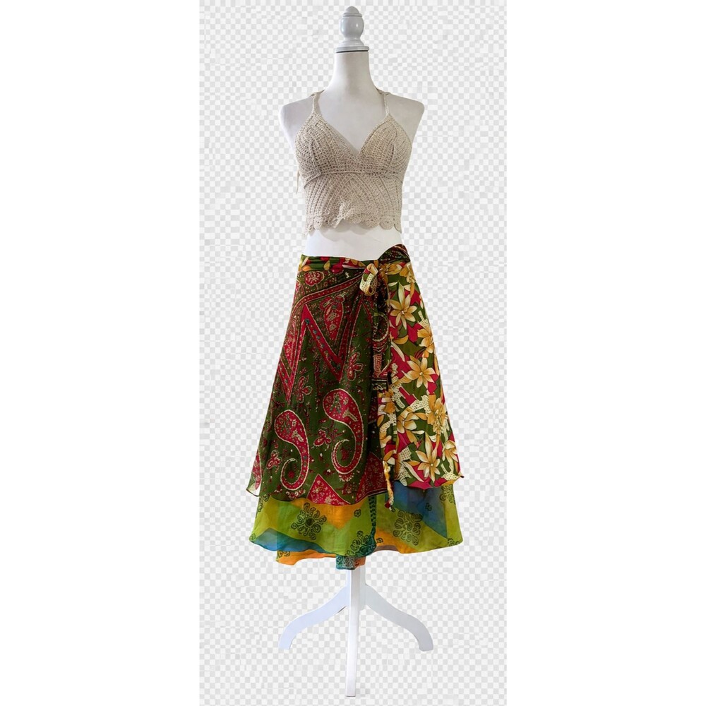 Kariza Boho Silk Blend Wrap Skirt Green Floral Paisley Midi Festival OSFA